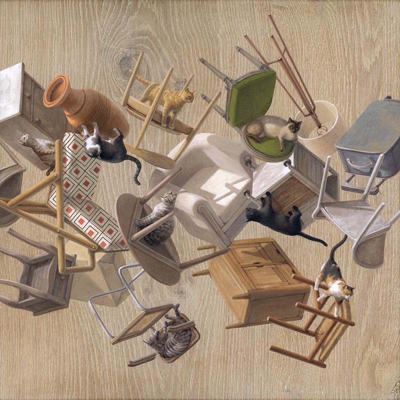 Pintura sobre madera Cats Home Gatos y muebles descontextualizados