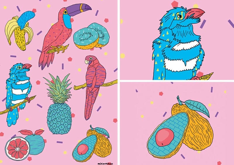 Ilustraciones Pájaros y Frutas de Miriam Persand
