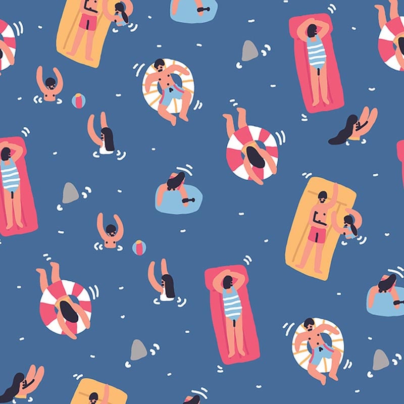 Patrón ilustrado Gente en la playa con colchonetas Sara Maese